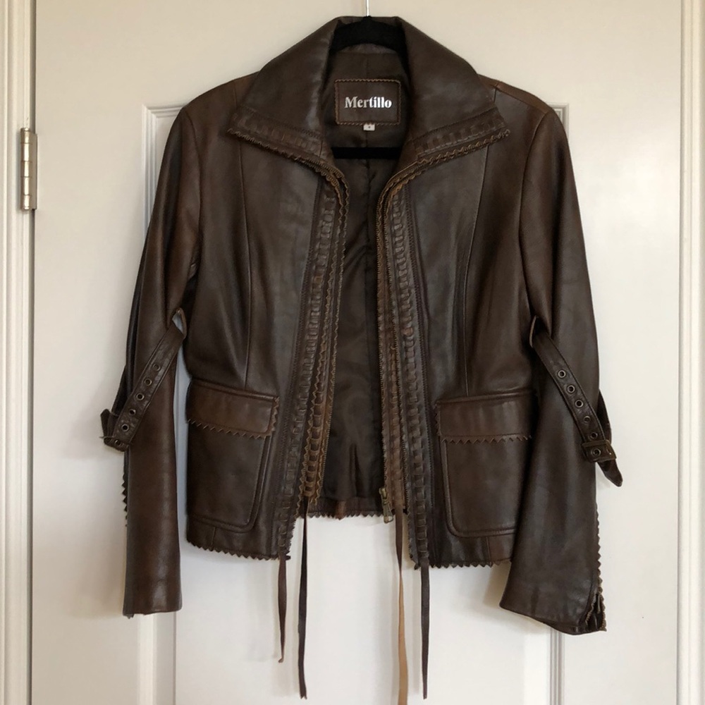 VINTAGE SOFT LEATHER JACKET BROWN WOVEN & ZIPPER S